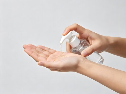 Person applying liquid hand sanitizer from pump bottle into palm