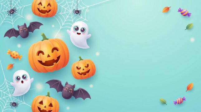 Cute Halloween border with smiling jack‑o'‑lanterns, white ghosts, flying bats, spiders and cobwebs on a pastel backdrop, plus colorful candy and autumn leaves scattered