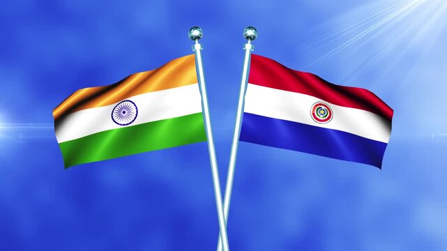 India and Paraguay Flag Relations Concept with Crossed National Flags Waving on Pole Loop Against a Bright Cloudy Sky