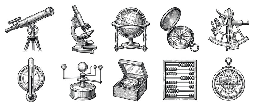 Science and navigation icons set. Vintage scientific instruments concept. Includes telescope, microscope, globe, compass, sextant, thermometer, orrery, chronometer, abacus, astrolabe
