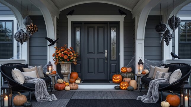 Autumn porch with double front door, lanterns, pumpkins, carved jack-o&rsquo;-lanterns, floral arrangement, black raven decor, cozy chairs with pillows and blankets, candles