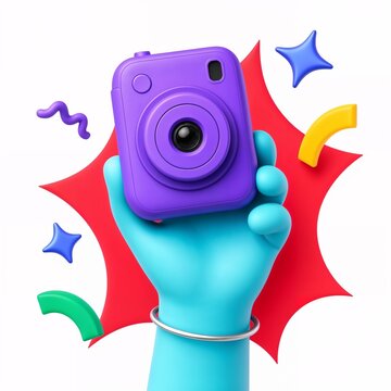Cartoon cyan hand holding purple instant camera against red abstract background with colorful floating geometric shapes