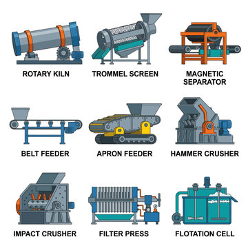 Industrial machinery icons for mining and material processing plants.