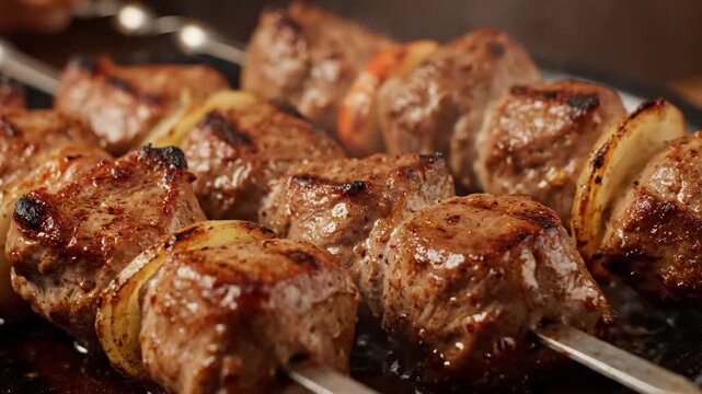 Close-up of Hot Juicy Shashlik Skewers Grilling Over High Heat with Visible Smoke and Steam. Traditional Russian or Caucasian Barbecue Meat Cooking.