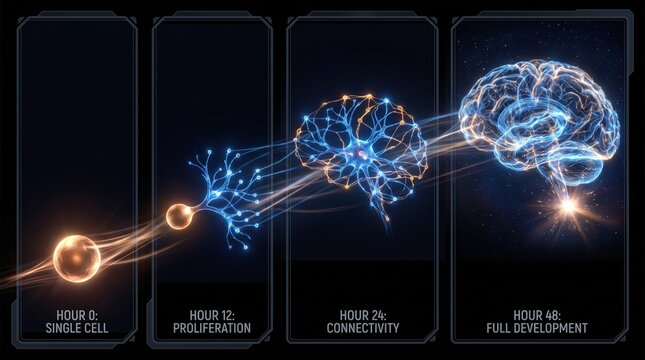 Biological evolution of a single cell into a complex human brain neural network