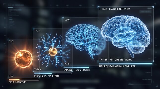 Digital visualization of human brain development and neural network growth stages.
