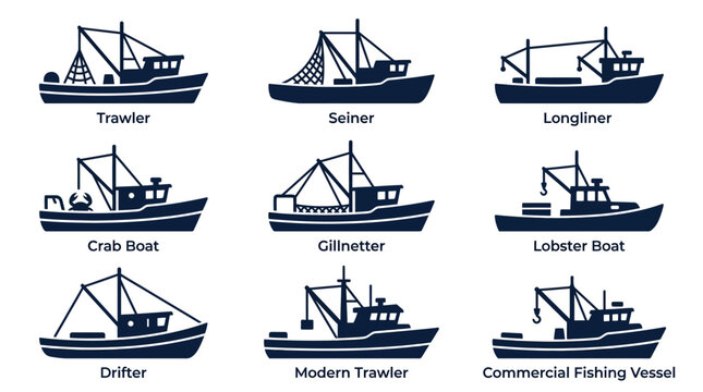 Labeled silhouettes of commercial fishing vessels like trawlers and crab boats.