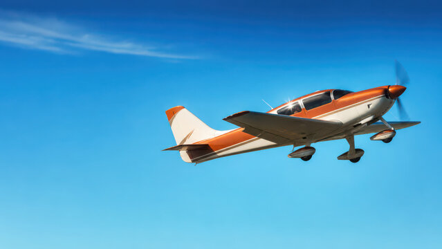 Small single engine propeller airplane flying in clear blue sky with clouds generated using ai