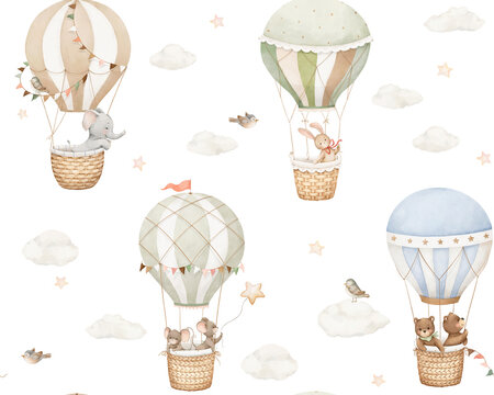Seamless pattern with cute animals fly in clouds on beautiful air balloons in wicker baskets. Delicate watercolor cartoon illustration for kids fabric, wallpaper, childish textile or repeat background