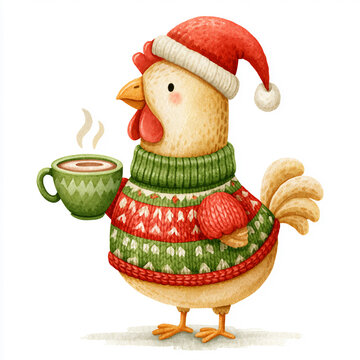 Cute Christmas chick wearing a red Santa hat and cozy sweater holding a steaming hot drink.