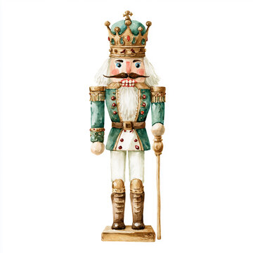 Classic Christmas nutcracker character wearing a gold crown and traditional uniform.