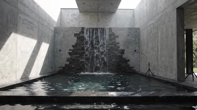Indoor architectural water feature with a cascading waterfall flowing into a calm reflection pool inside a modern brutalist concrete interior