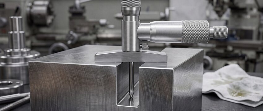 Precision micrometer depth gauge measuring silver metal block groove on workbench in modern mechanical engineering calibration workshop