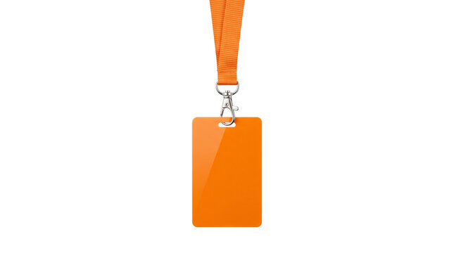 Orange lanyard with blank ID card badge, corporate name tag mockup, plastic identification holder for events and conferences isolated PNG with Transparent Background