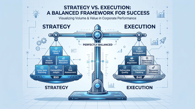 Infographic illustration of business strategy vs execution represented by a balanced scale for corporate planning and professional finance advisory framework
