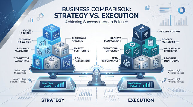 Isometric business strategy versus execution concept on a balanced scale, representing professional management, corporate planning, and workflow efficiency for finance advisory