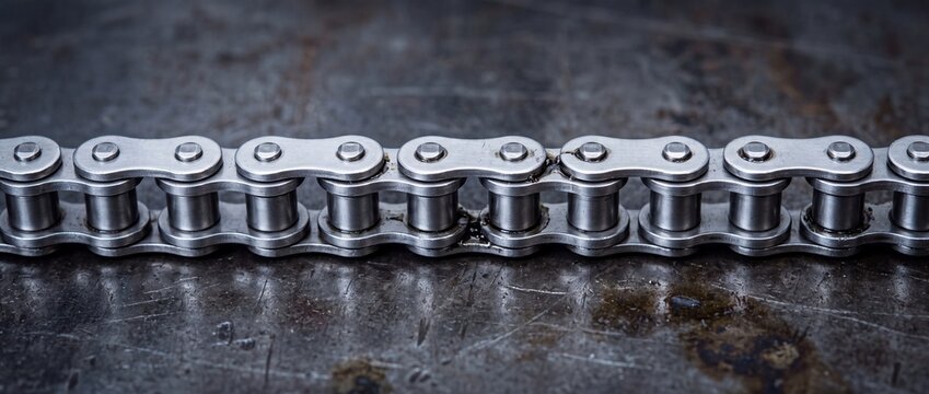 Industrial steel roller chain for power transmission machinery lying horizontally on dark scratched metal surface in manufacturing workshop