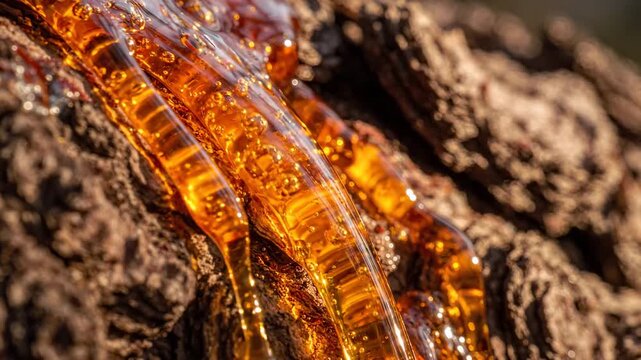 Amber resin flowing down a textured tree bark, glowing golden sap oozing slowly, natural forest syrup