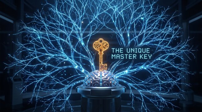Golden master key unlocking a glowing blue digital neural network of artificial intelligence.