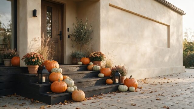 Autumn pumpkins and lanterns decorating the entrance of a modern house
