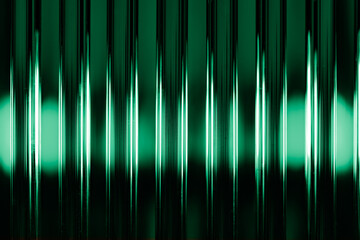 Abstract green reeded glass texture with vertical light refraction lines background