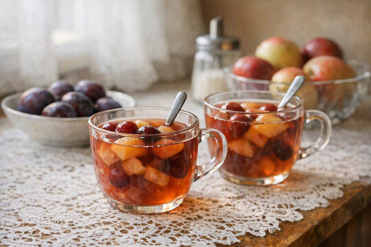 Polish kompot - Two Mugs of Homemade Fruit Compote on Lace Doily