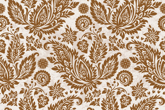 Paisley Seamless Pattern Vector Brown Vintage Floral Traditional Indian Royal Damask Motif Ornament Textile Design Wallpaper. 
