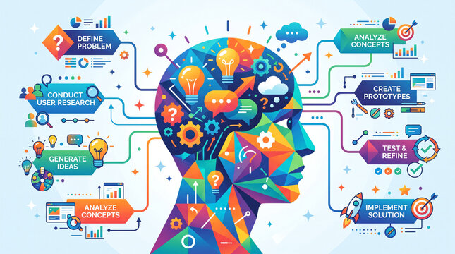 Colorful human head profile infographic visualizing the design thinking process and brain function with gears and a lightbulb for creative problem solving
