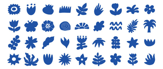 Fototapeta premium Naive organic shapes hand drawn collection. Floral cute doodle elements.Trendy shape silhouette, minimalist abstract form, vector set.