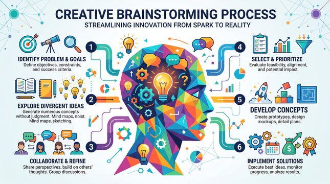 Creative infographic chart with a colorful geometric human head showing a six step brainstorming process for strategic innovation, business planning and workflow