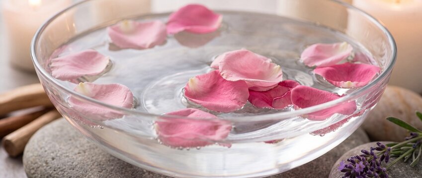 Pink rose petals float in glass bowl of clear water surrounded by spa stones and lavender for relaxing aromatherapy and hydrotherapy