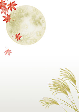 十五夜 お月見　縦背景 風景 もみじ　水彩 イラスト