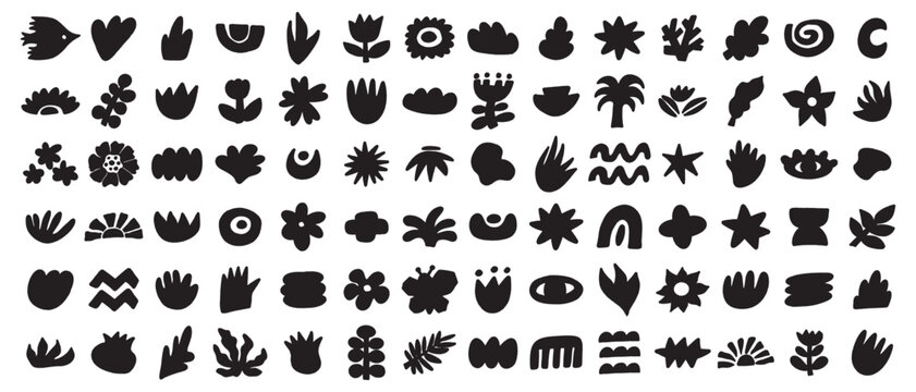 Naive organic shapes hand drawn collection. Floral cute doodle elements.Trendy shape silhouette, minimalist abstract form, vector set.