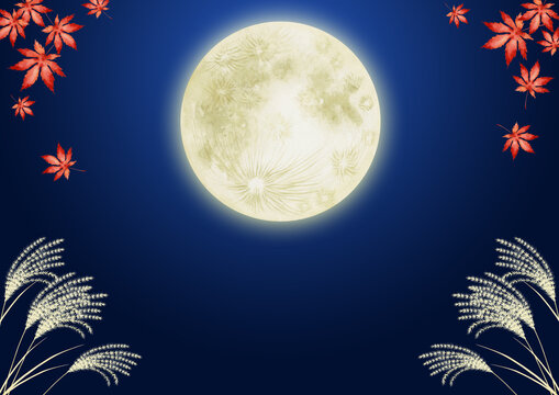 十五夜 お月見　背景 夜空 もみじ　水彩 イラスト