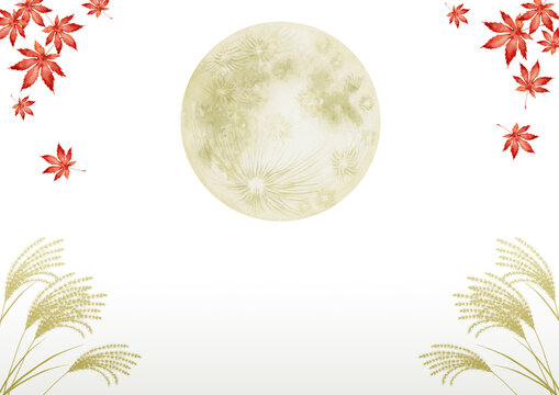 十五夜 お月見　背景 風景 もみじ　水彩 イラスト