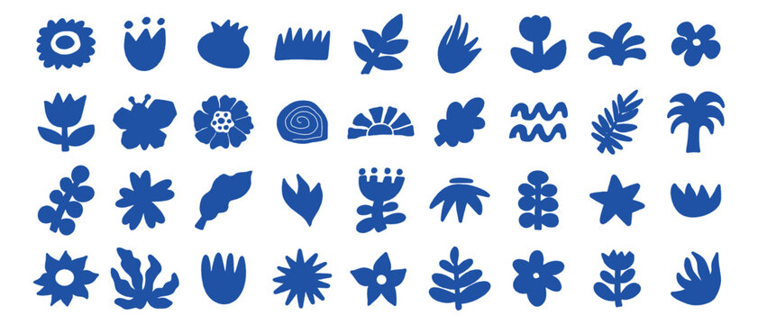 Naive organic shapes hand drawn collection. Floral cute doodle elements.Trendy shape silhouette, minimalist abstract form, vector set.