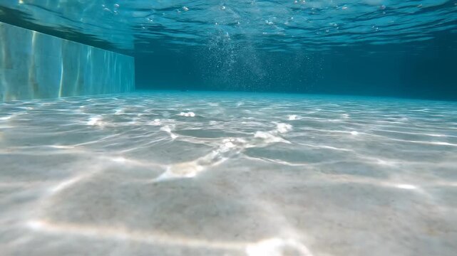 Clear underwater view of a swimming pool floor with shimmering light caustics and rising air bubbles