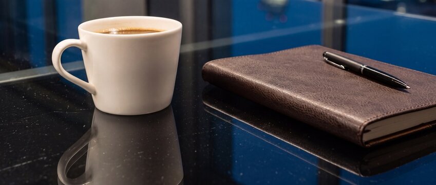 White ceramic cup of hot black coffee placed beside brown leather notebook and pen on dark reflective surface for creative work study