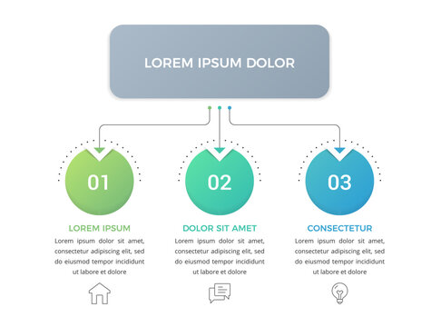 Infographic hierarchy flowchart template with main header banner connected to three vertical step options with colorful circles