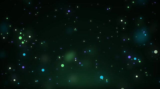 Abstract dark green loop background with floating glowing bokeh particles. Magical green and blue glowing fireflies flying in the dark background