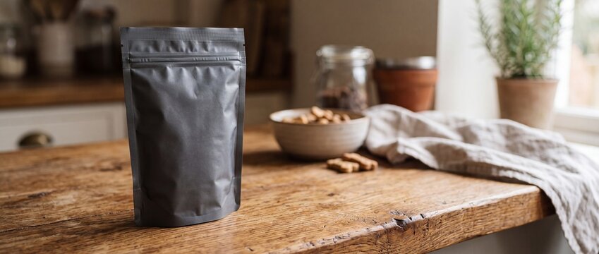 Blank gray stand-up pouch bag for food or snacks on rustic wooden kitchen counter with natural light