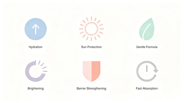 The macaron light colored skincare efficacy icon group represents the concept of moisturizing, repairing, and strong barrier, suitable for cosmetic detail modules and brand promotional materials.
