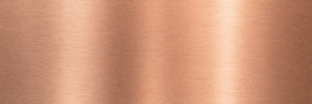 Brushed copper metal texture background, polished rose gold metallic surface with light reflections, elegant bronze foil material for luxury branding and industrial design backdrops.