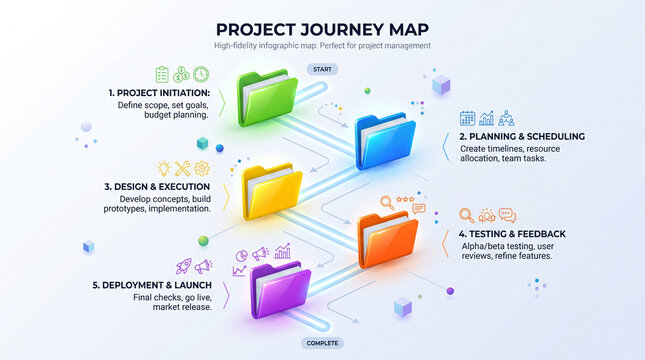 Project workflow journey map infographic with five steps for business financing services and working capital strategy from initiation to launch