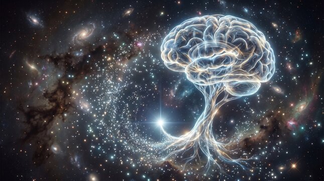 Glowing human brain shaped like a tree in deep space with nebula and starlight background