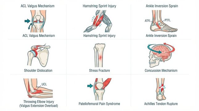 This guide displays various sports injury mechanisms in a clear format for understanding rehabilitation in physical therapy.