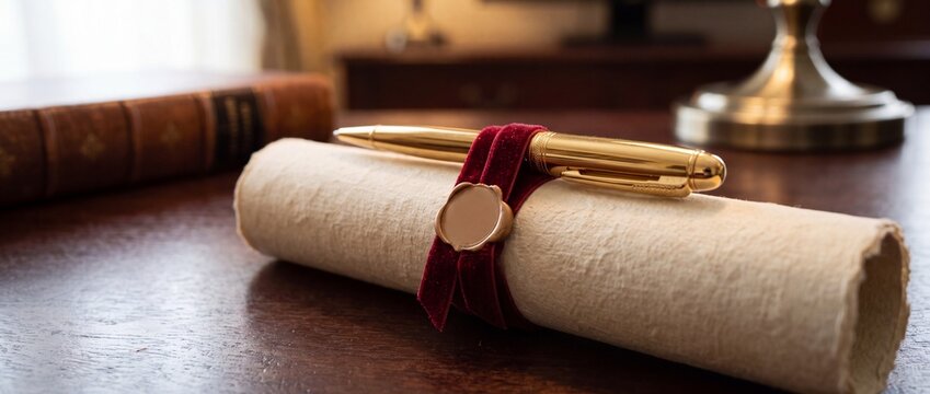 Luxury gold fountain pen resting on top of rolled parchment scroll sealed with red velvet ribbon and gold wax seal on wooden desk