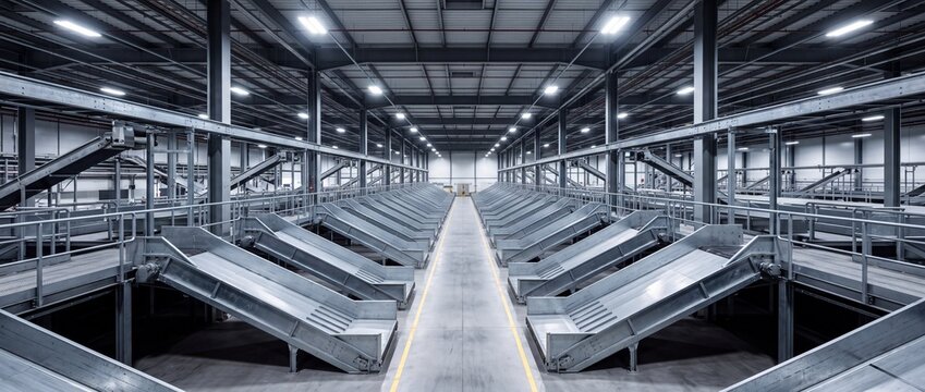 Large scale distribution center interior with multiple metal conveyor belt chutes arranged for automated parcel sorting and logistics flow