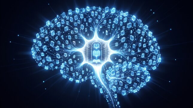 Digital brain formed by glowing neural network nodes and data processing technology concept.