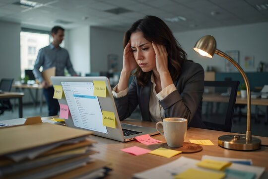 Stressed Businesswoman Overwhelmed with Deadline at Desk